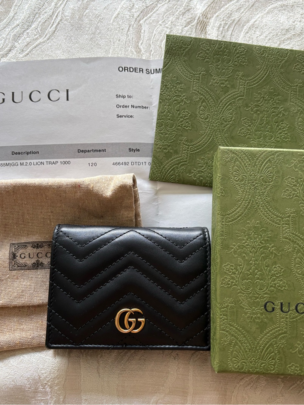 Gucci Black Chevron Marmont Quilted Leather Wallet Card Case with Gold Double G